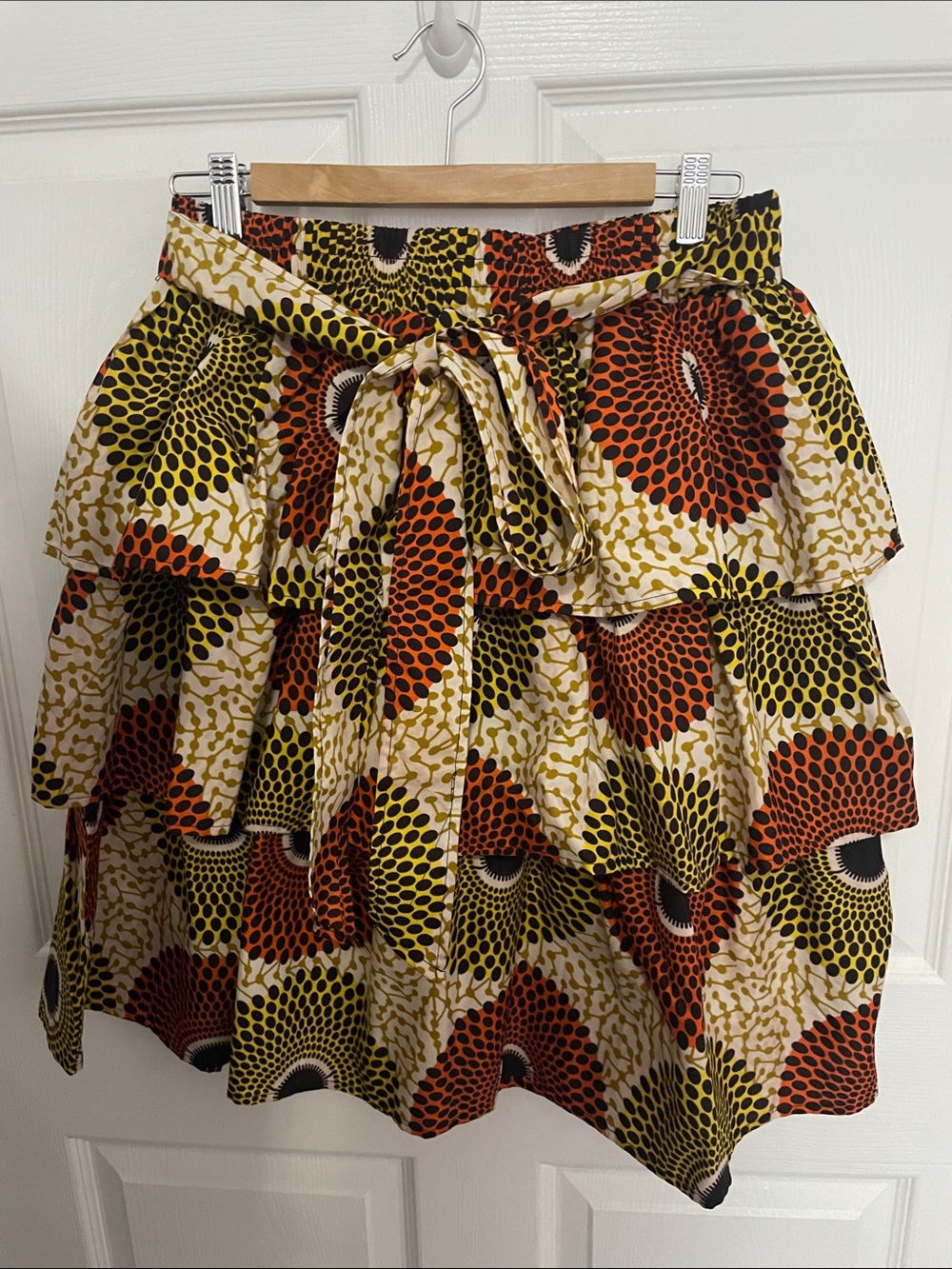 Tiered  Skirt with Self-Tie Waist in Yellow & Rust